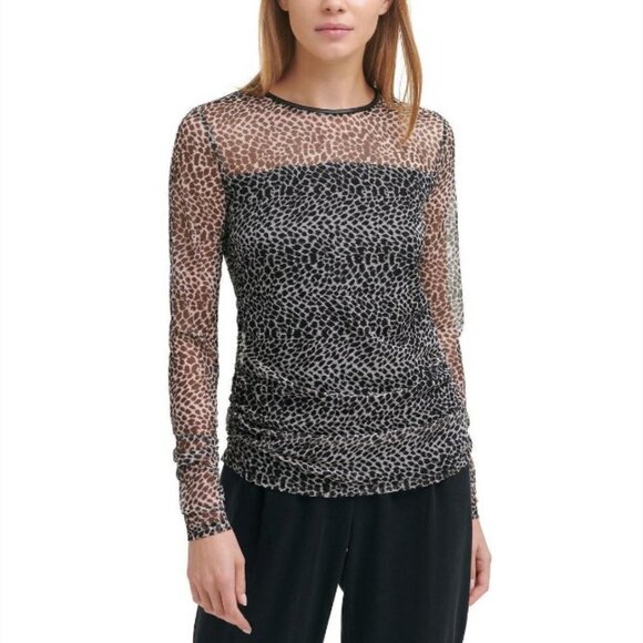 DKNY Women's Animal Printed Mesh Long Sleeve Top Y2K Style - L - Picture 1 of 8